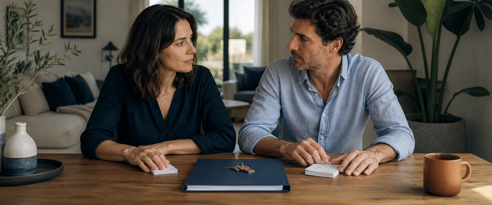 Pareja conversando ante unas llaves y dos aportaciones separadas para la compra de una vivienda.