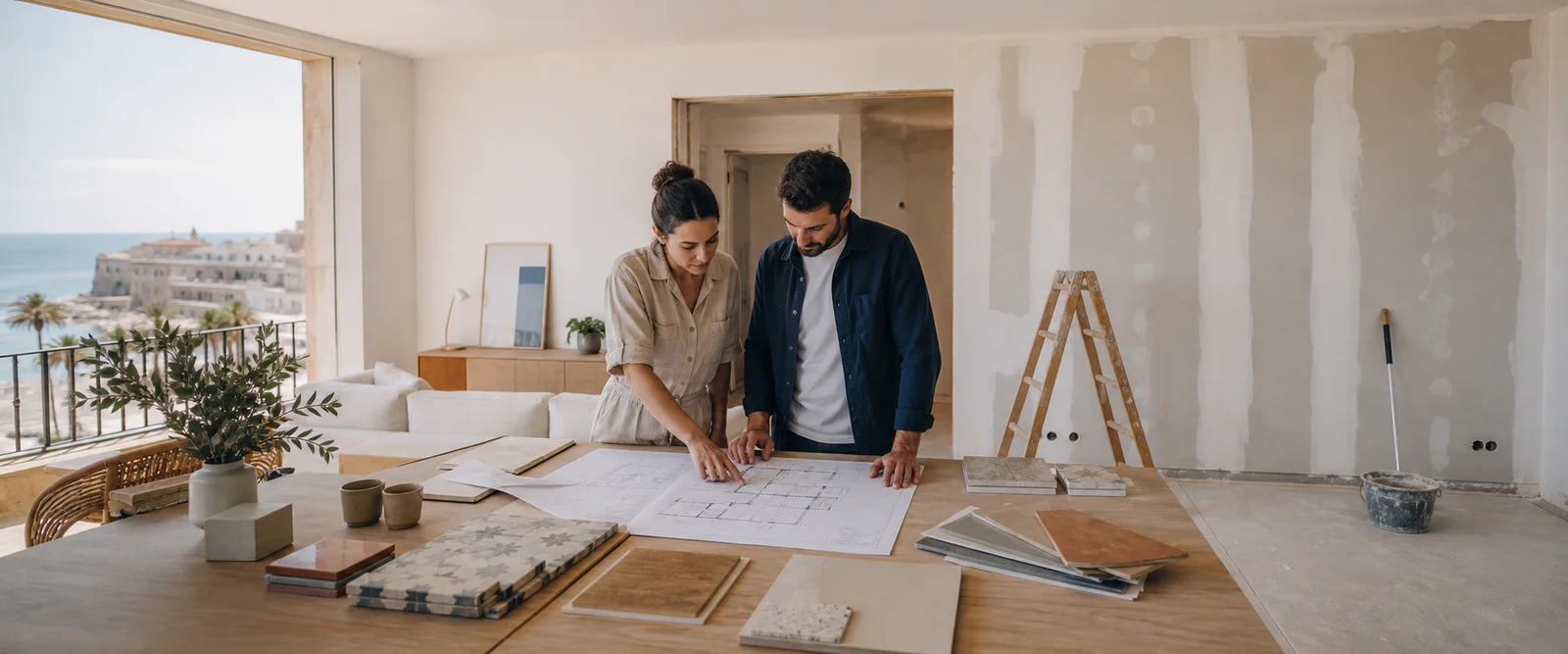 Propietarios revisando planos y materiales en una vivienda mediterránea al inicio de una reforma.