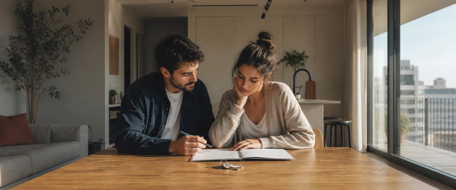 Pareja joven revisando la financiación de su primera vivienda con las llaves sobre la mesa.