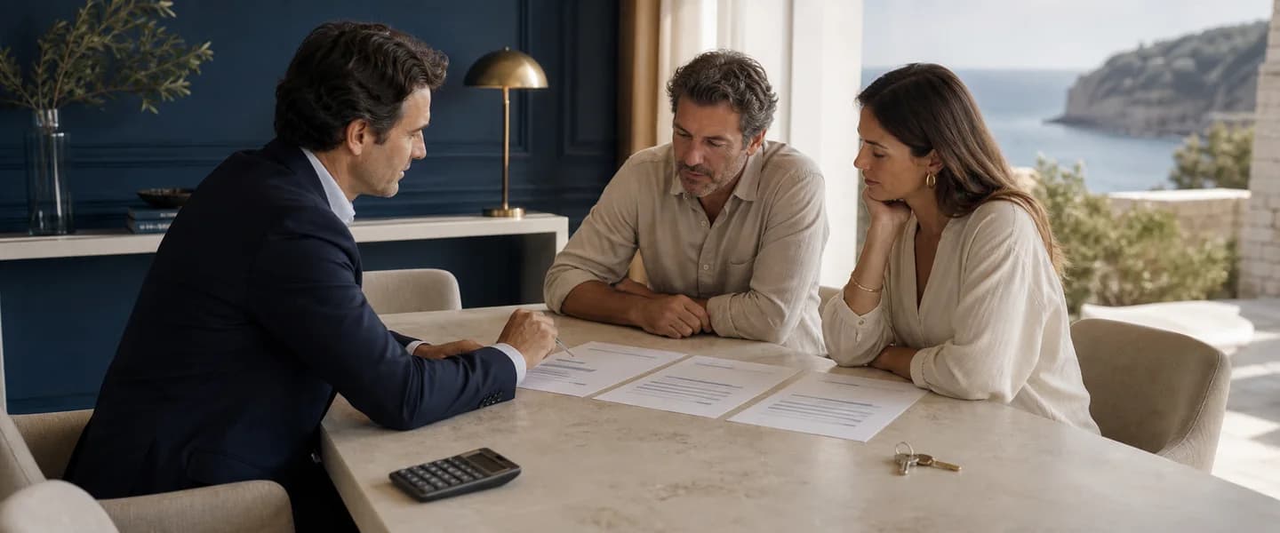 Asesor hipotecario compara tres propuestas bancarias con una pareja en una mesa.