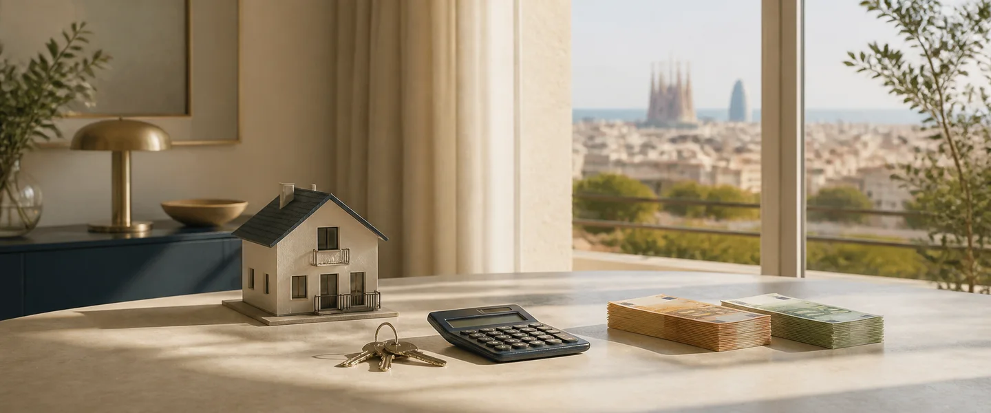 Maqueta de una vivienda junto a unas llaves, una calculadora y dinero preparado para la compra.
