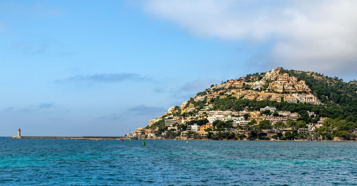 Homes on the hillside above the harbour of Port d’Andratx, on the south-west coast of Mallorca