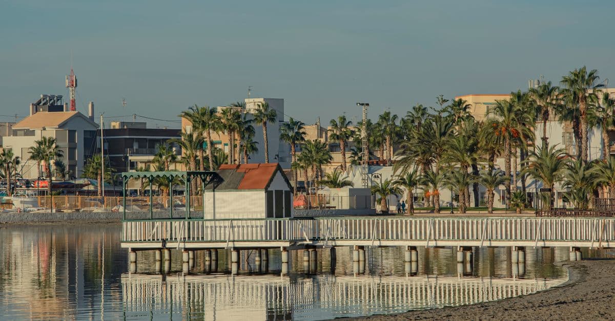 Wooden pier and palm-lined waterfront in San Pedro del Pinatar, on the Mar Menor